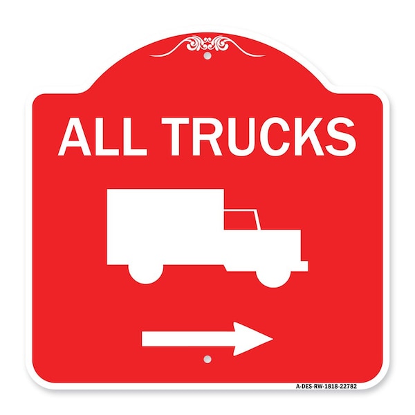 Trucks Sign All Trucks W/ Truck & Right Arrow, Red & White Aluminum Sign, 18" x 18", RW-1818-22782